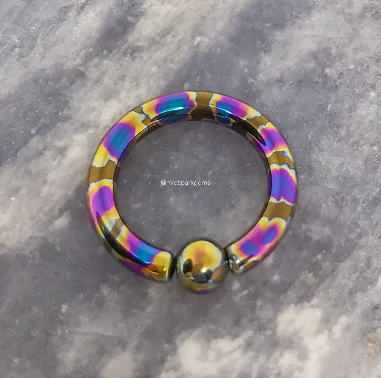BRONZE OIL SLICK (12g, 10g, or 8g) - Heavy Gauge Astm F136 Titanium Captive Bead Ring Cbr - Anodized with Rainbow Oil Slick Piebald Pattern