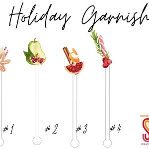Holiday Drink Garnishes- 4 piece Assorted Set - Cocktail Stirrer - Drink Stir Sticks - Swizzle Sticks - Christmas Winter Holiday