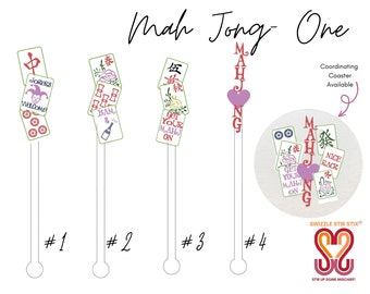May include: Four colorful Mah Jong tile themed drink stirrers with the words "Jokers Welcome", "Bam &", "Get Your Mahj On", and "Mahj" on them.  The stirrers are on a white background with the number 1, 2, 3, and 4 under each stirrer.  A coordinating coaster with the same Mah Jong tile design is shown in the upper right corner of the image.