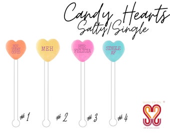 Candy Hearts Single/Salty - 4 piece Assorted Set - Cocktail Stirrer - Drink Stir Sticks - Swizzle Sticks