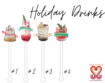 Holiday Drinks - 4 piece Assorted Set - Cocktail Stirrer - Drink Stir Sticks - Swizzle Sticks - Christmas Winter Holiday