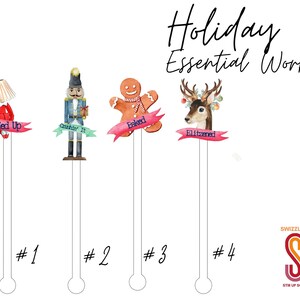 Holiday Essential Workers- 4 piece Assorted Set - Cocktail Stirrer - Drink Stir Sticks - Swizzle Sticks - Christmas Winter Holiday