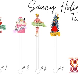 Saucy Holiday Vintage Full Set - 8 piece Assorted Set - Cocktail Stirrer-Drink Stir Sticks - Swizzle Sticks - Christmas Winter Holiday