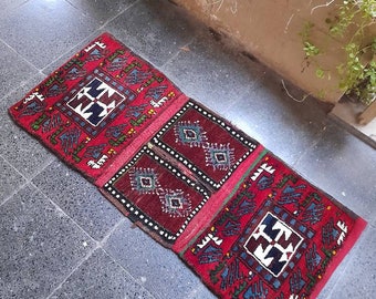 Vintage Wool Saddlebag: Handwoven Turkish Kilim, 1970s Decor (1.6x3.8 ft)