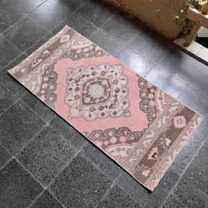 Small Oushak Runner Rug: 2x5 Turkish Wool Rug, Pink & Brown