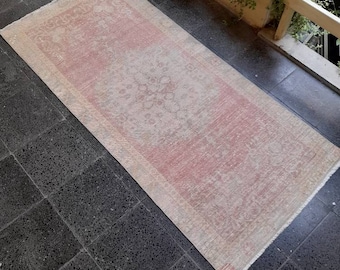 Small Turkish Runner Rug: Handwoven Wool, Pink Gray Beige, 2.8x6.1 ft