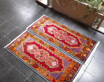 Vintage Small Rugs, Handmade Pair, Bohemian Deco Rugs (1.9x4.2 ft)