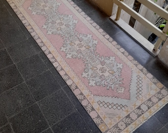 Vintage Turkish Runner Rug: Handknotted Wool Oushak Medallion Rug (2.8x9.6ft)