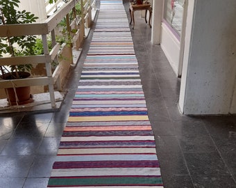 Vintage Turkish Stair Runner Rug: Hand-Loomed Recycled Cotton, 3x40, Stripes