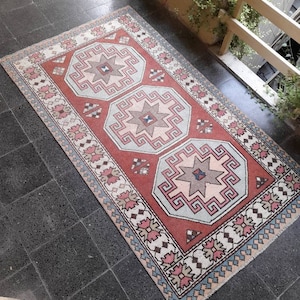 4x7 Vintage Turkish Rug: Handknotted Wool Area Rug, Geometric Design