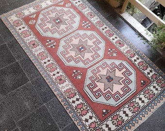 4x7 Vintage Turkish Rug: Handknotted Wool Area Rug, Geometric Design