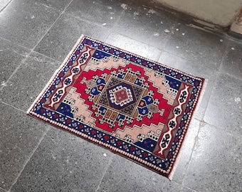 Square Wool Vintage Rug: 1.7x2.3 ft Turkish rug.