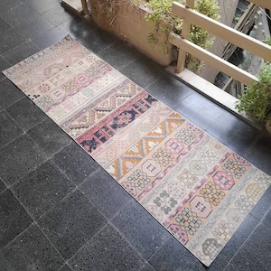 Small Oushak Runner Rug: 2.3x7 ft Turkish Geometric Rug