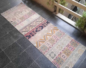 Small Oushak Runner Rug: 2.3x7 ft Turkish Geometric Rug