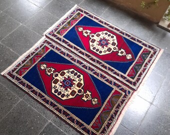 Vintage Anatolian Rug Pair: Handknotted Wool Small Rugs, 1970s Bohemian Decor
