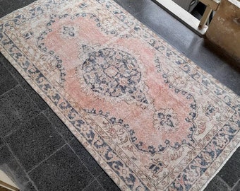 Alfombra Oushak vintage: 1,1 x 2 m, alfombra de lana con medallón anudada a mano