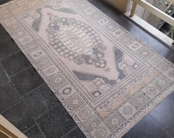 Vintage Oushak Rug: 4.3x8.5 ft, Handwoven Wool Turkish Rug