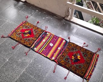 Vintage Wool Saddlebag: HandknottedTurkish Kilim, 1970s Decor (1.4x4.7 ft)
