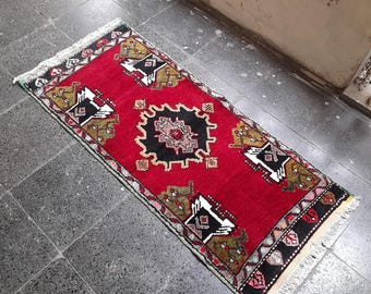 Vintage Oushak Runner Rug, Handknotted Wool on Cotton, Red Black Bohemian (1'8"x4'1")