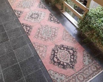 Vintage Oushak Runner Rug: Handknotted Turkish Hallway Rug (2.8x12.6ft)