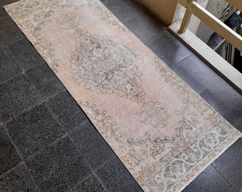 Vintage Turkish Oushak Runner Rug: Handknotted Wool, Beige Medallion (2.4x6.6ft)