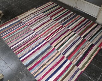 Handwoven Turkish Rag Rug, Vintage Striped Kilim, Boho Recycled Fabric Runner (7'5"x8'5")