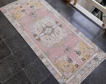 Vintage Turkish Oushak Runner Rug: Handknotted Wool Kitchen Rug (2x7 ft)