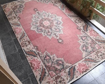 Alfombra Oushak vintage: 5.2x9.3 pies, alfombra de área turca anudada a mano