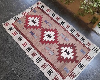Handwoven Kilim Rug: 3x5 Turkish Oushak Rug
