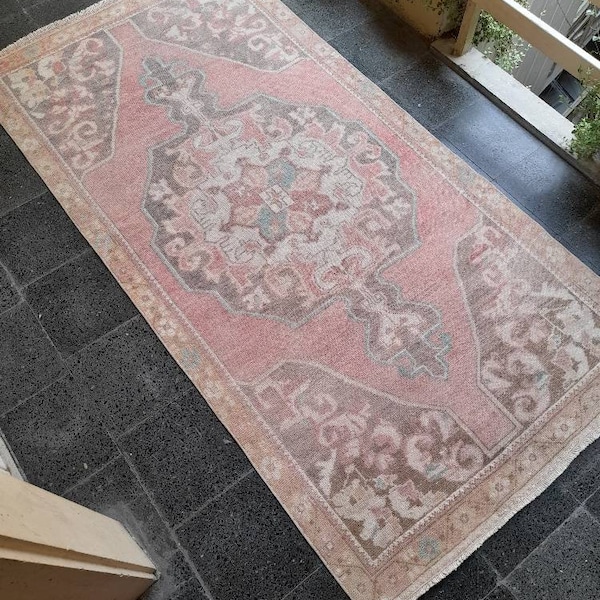 Pink Rug,Pink Vintage Rug, 4x8.1 ft FREE SHIPPING Vintage Rug, Pink Turkish Rug,Old Vintage Rug