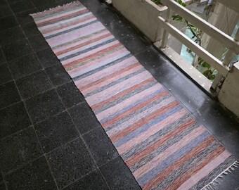 Jute rug Handwoven Turkish Kilim Runner: Pastel Striped Cotton Hallway Rug (2'3"x9')