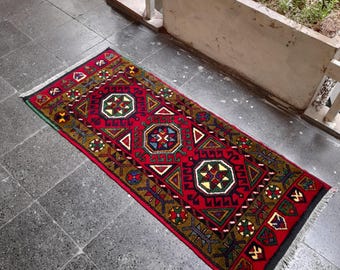 Vintage Oushak Wool Runner Rug, Bohemian Red Green Diamond Design