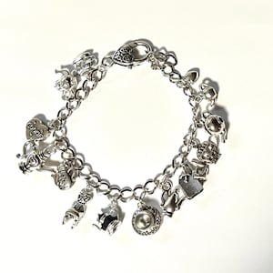 Beautiful Tea Party Charm Bracelet; Antique Silver tone