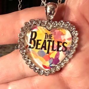 Heart Cabochon of Beatles Image Surrounded by Sparkling Rhinestones Necklace
