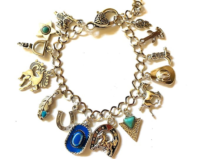 Western Antique Silver Bracelet with Lots of Charms