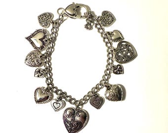 Beautiful Antique Silver tone Heart Bracelet with Many Heart Charms; Heart Lobster Clasp