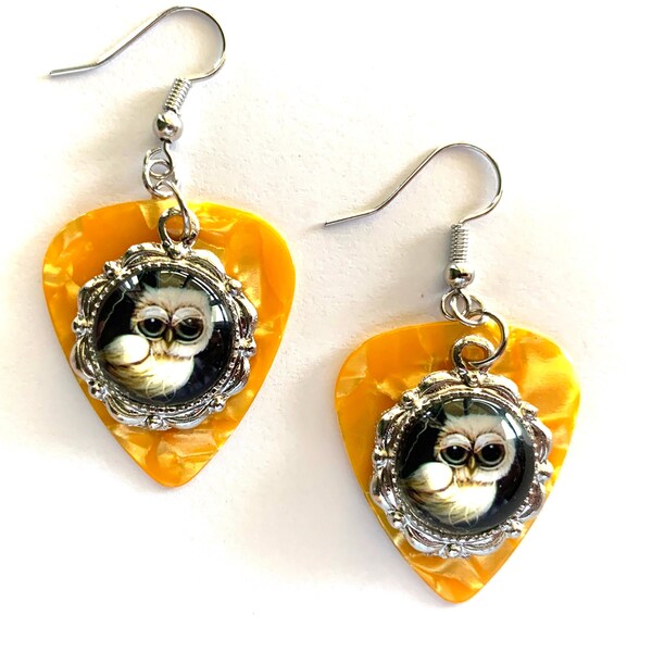 White Owl Medallion Adorns Yellow Guitar Pick Earrings