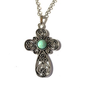 Beautiful Filigree Cross with Turquoise Bead Necklace; Antique Silver