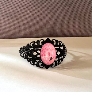 Gorgeous Pink Flamingo Cabochon on a Black Filigree Cuff Bracelet