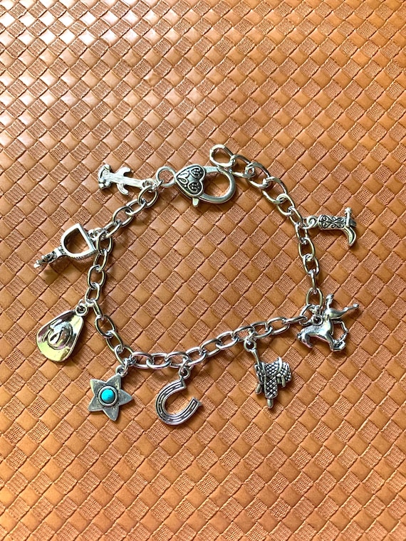 Cute Western Charm Bracelet Silver Tone Etsy
