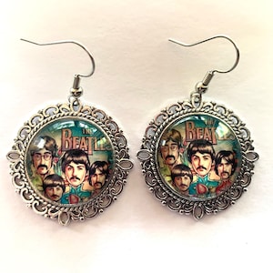 The Beatles Inspired Image on Antique Silver tone Medallion Earrings