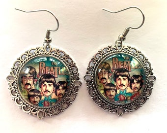 The Beatles Inspired Image on Antique Silver Medallion Earrings