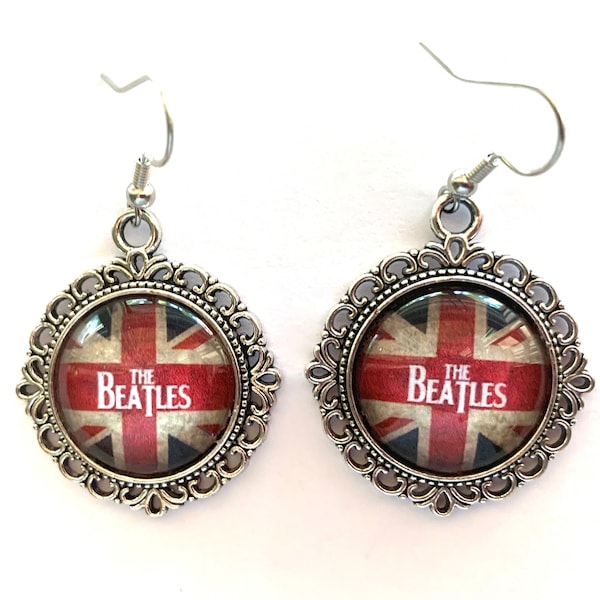 Union Jack, British Flag with Beatles image on Antique Silver Medallion Earrings