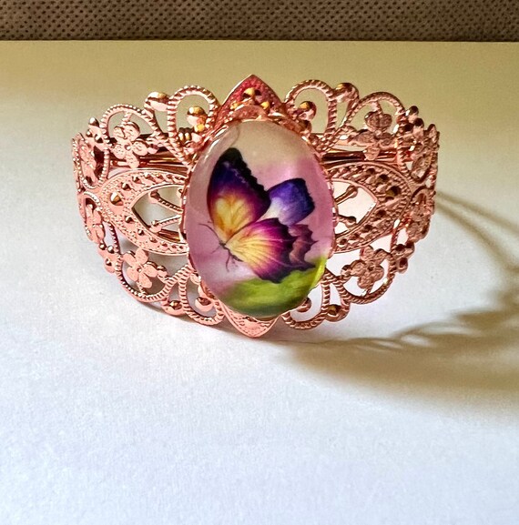 Beautiful Rose Gold Colored Filigree Cuff Bracelet; Cabochon of