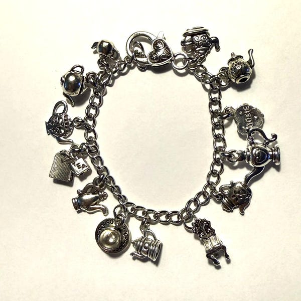 Antique Silver Tone Tea Party Charm Bracelet, Adjustable Fit; 9" stainless steel chain