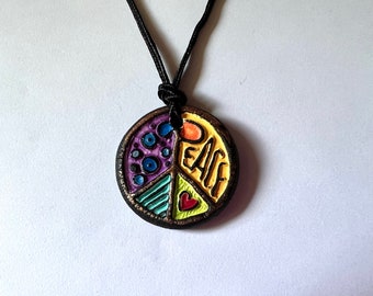 Retro Peace Symbol Necklace, Colorful Ceramic Pendant; 24" nylon cord with 2" extension
