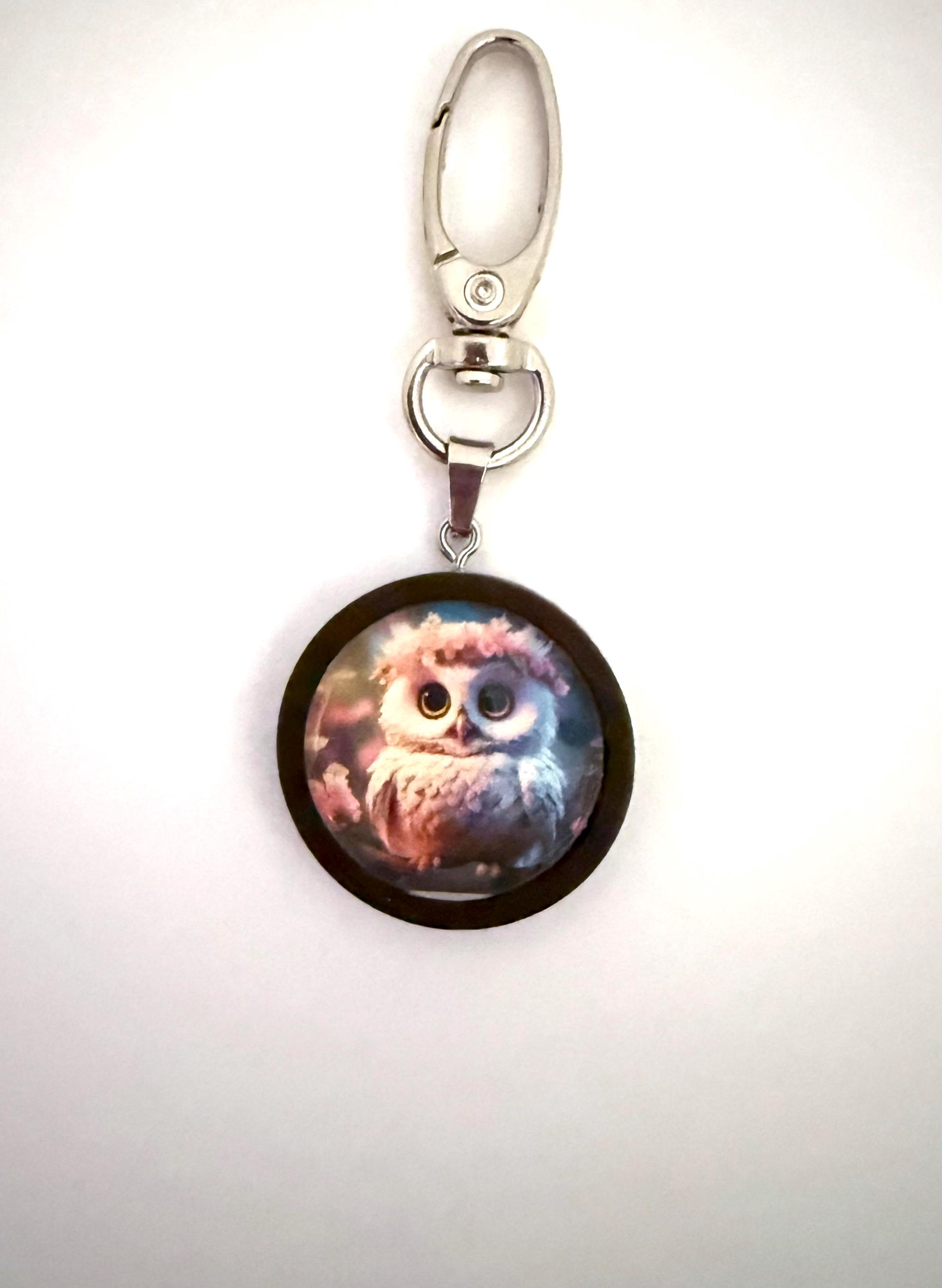 White Owl with Pink Flower Wreath Image on this Dark Brown Wood Pendant on a Metal Purse Clip for De