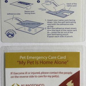 Pacote de 2 peixes com bolsas laminadas Cartões de cuidados de emergência para animais de estimação