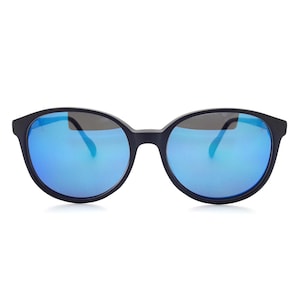 1980s Haute Couture Black Panto Sunglasses: Blue Mirror Lenses, Made in France