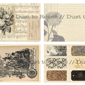 May include: A collage of vintage images featuring roses, music sheets, and text that reads "Dust to Roses". The images are in black and white and have a distressed, aged look.